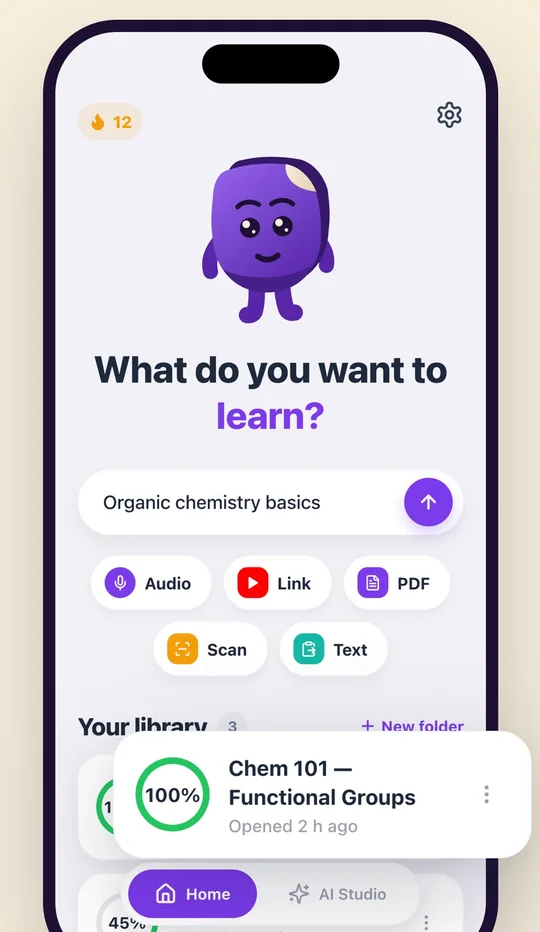 Notix home screen asking what you want to learn, with upload options